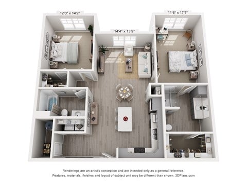 Floor plan for 2 beds, 2 baths, 1252 sqft